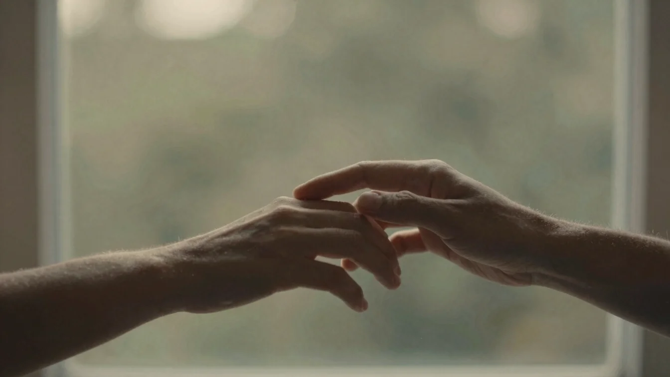 Close-up of two hands gently touching, blurred natural background