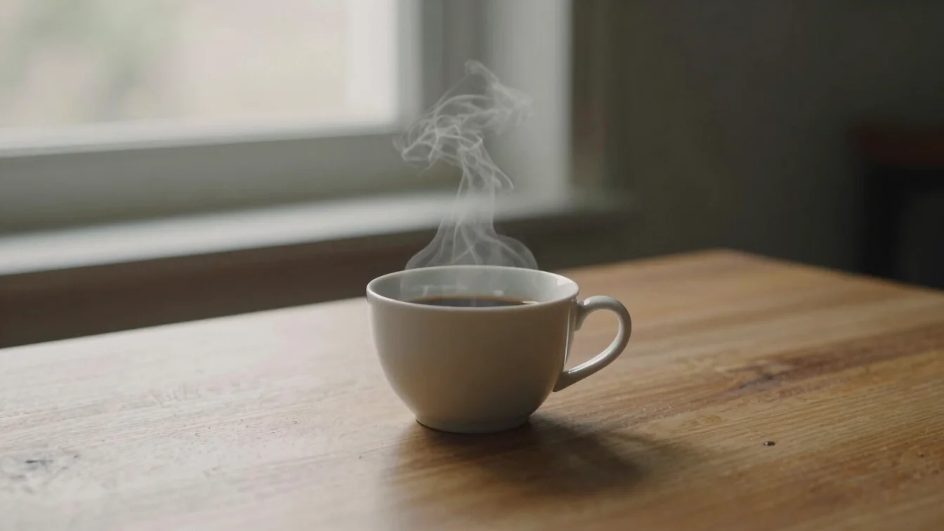 Still life of a steaming cup of coffee on a wooden table, soft mo
